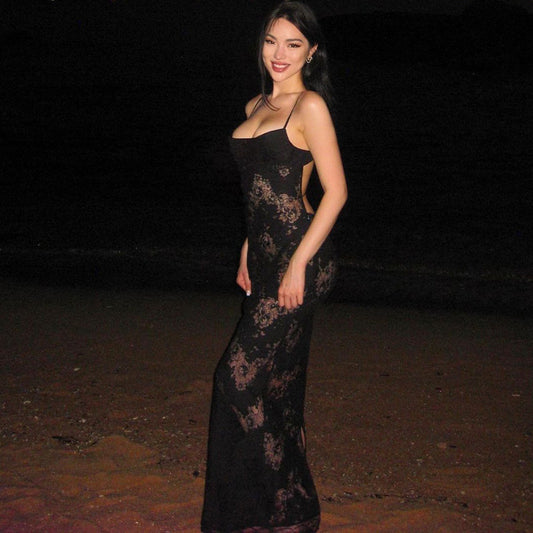 Vestido sin mangas de encaje y malla floral
